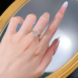 Elegant gold plated S925 silver ring with radiant ice cut rectangle carbon diamond