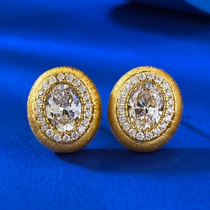 Boucles d'Oreilles Clous Halo en Argent Sterling S925 Plaqué Or Forme Ovale Texture Brossée Strass pour Femme Vintage