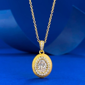 Vintage 925 Sterling Silver Gold Plated Egg Shaped Brushed Pendant Necklace With Rhinestone For Women Everyday Jewelry