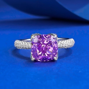 925 Sterling Silver Ring Lavender Purple Cushion Cut Rhinestone Pave Flower Bud Engagement Band For Elegant Women Jewelry