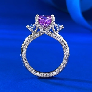 S925 silver ring with 8mm violet firework-cut zircon and pavé crystal split shank