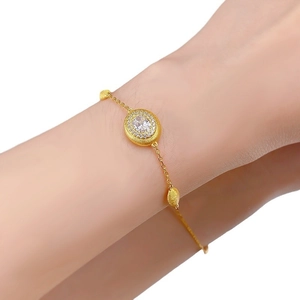 Bracelet en argent S925 plaqué or avec zircon ovale et perles dorées dépolies