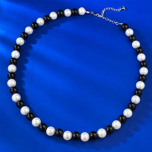 Beaded Necklace With Black Agate And Imitation Artificial Pearls 925 Sterling Silver Clasp French Retro Elegant Clavicle Chain