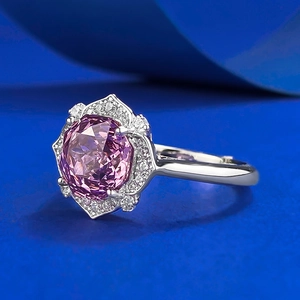 Elegant S925 silver ring with 8x8mm rose cut purple diamond on blue wavy background