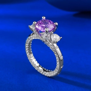 S925 silver ring with a large round purple zircon gemstone and sparkling pavé diamonds