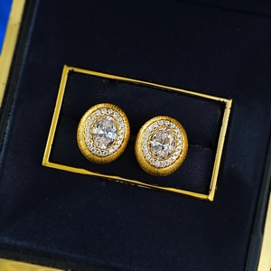 Boucles d'oreilles rétro en argent S925 doré, zircon ovale brossé et halo de diamants