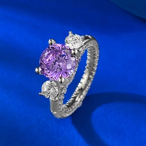Macro shot of S925 silver ring featuring round purple zircon with vintage pavé details