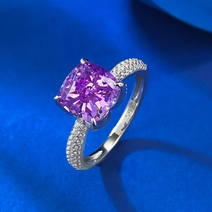 Elegant 925 sterling silver ring with square lavender purple stone and pavé zircon