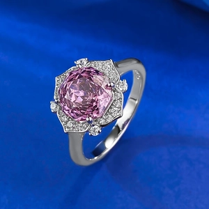S925 sterling silver ring with 8x8mm pink rose-cut gemstone and floral halo design