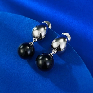 Boucles d'oreilles gouttes en argent poli avec perles d'onyx noir de 10mm pour femme
