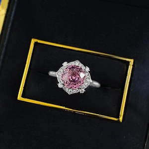 Luxurious S925 sterling silver ring with rose-cut pink diamond in a black velvet box