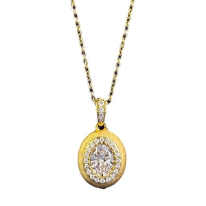 Elegant gold oval pendant necklace with brushed metal finish and halo cubic zirconia stones