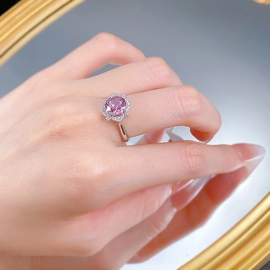 Detail of S925 silver ring with 8x8mm pink rose cut gemstone in hexagon halo setting
