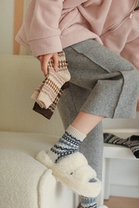 Detail of Nordic Fair Isle knit wool socks with geometric patterns for winter warmth