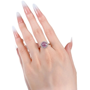 Elegant S925 silver ring with a pink round-cut diamond in a double-layer halo setting