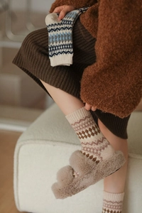 Detail of Nordic Fair Isle geometric wool socks with thick knit texture for winter
