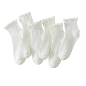 Detail of six pairs of white crew socks with ruffled cuffs and ribbed knit texture