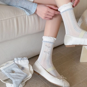 Close-up of light blue mesh socks with frilly cuffs, bow details, and bear embroidery