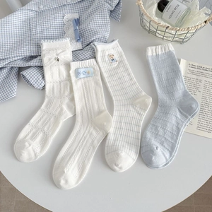 Set of 4 blue and white cotton crew socks with cute bear embroidery and lace bows