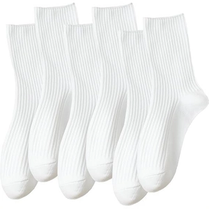 Three pairs of white ribbed mid-calf cotton socks in a clean stacked arrangement