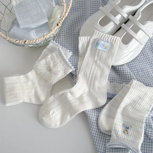 Detailed view of blue and white striped bear cotton socks with delicate knit patterns