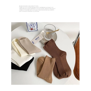 Neutral tone rib-knit crew socks in coffee, khaki and cream colors for women