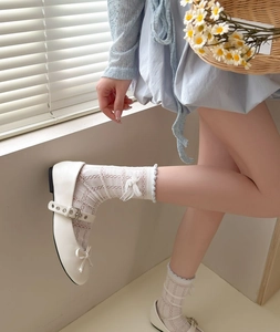 Close-up of white Mary Jane shoes with ribbons and lace mesh socks in a cozy indoor setting