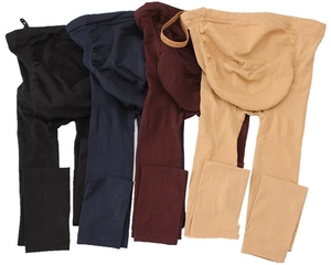 Detail showing adjustable waistband and maternity support in four colors for these leggings