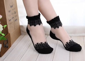 Detail of sheer black ankle socks featuring elegant lace trim and reinforced toe design