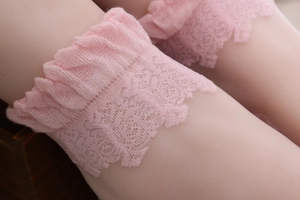 Detailed view of pink lace ruffle trim on sheer Lolita style calf high stockings