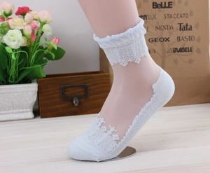 Detailed view of white floral lace knee-high socks with ruffled edges and sheer mesh fabric