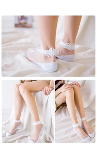 Detail view of white lace petal cuffs on sheer breathable ankle socks for women