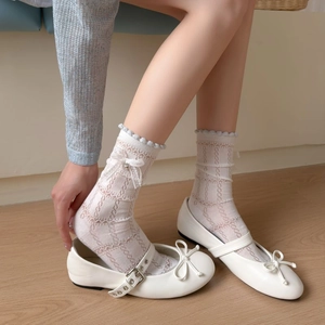 Detail of white lace mid-calf socks with bow accents paired with Mary Jane shoes