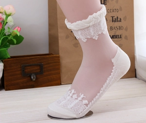 Detailed close-up of white lace mesh socks with floral patterns and ruffled edges