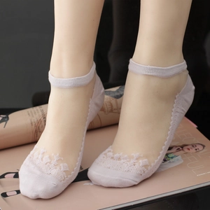 Pink lace invisible boat socks for women featuring breathable mesh and floral embroidery