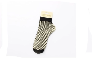 Detailed view of black fishnet ankle socks with hollow mesh and branded tag packaging