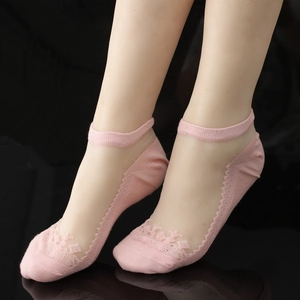 Breathable pink lace invisible boat socks for women with anti-slip ankle straps
