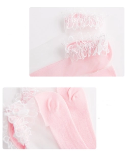 Detailed macro view of delicate white lace trim and pink reinforced heel on sheer socks
