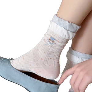 Light beige lace socks with blue bear embroidery and heart mesh texture