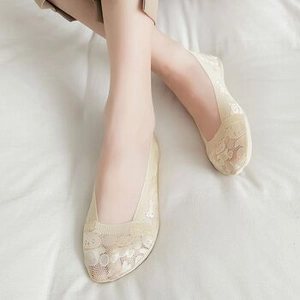 Detail of beige lace no-show socks with cute bear pattern and ribbed elastic cuffs