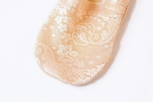 Detail shot of beige lace no-show socks featuring intricate floral mesh patterns