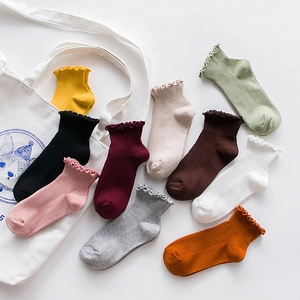 Lace ruffle ankle socks in 10 colors including yellow, pink and black cotton rib knit