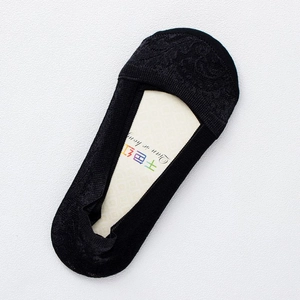 Women's summer black lace no-show socks with elegant floral patterns on white background