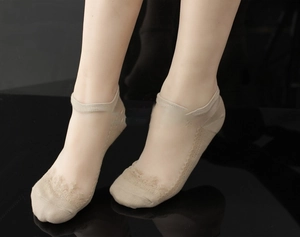 Detailed view of women's beige lace invisible boat socks with floral hollow patterns