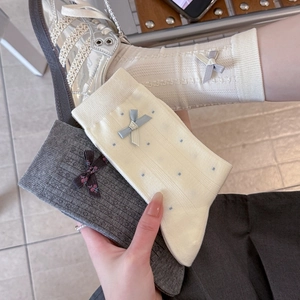 Bow-knot cotton crew socks in cream polka dots and floral gray for women's spring fashion
