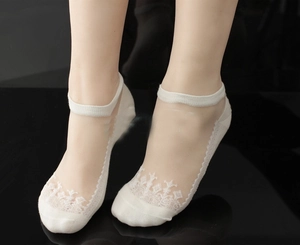 Detail of white lace invisible boat socks featuring delicate floral mesh texture for women