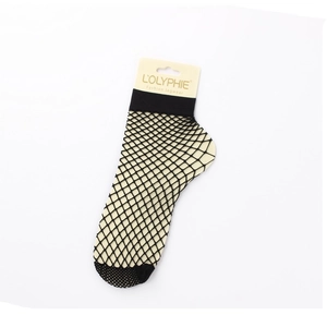 Fashionable black large mesh fishnet ankle socks with elastic cuff on white background