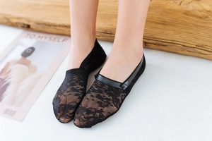 Detail of elegant black lace no-show socks with breathable floral patterns for women