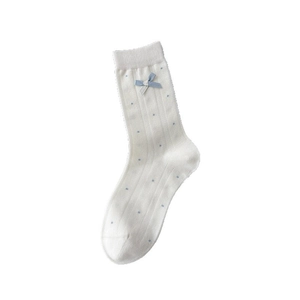 Japanese style cream cotton crew socks with blue bow and polka dots in knit texture