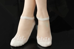 Detail of white mesh invisible socks with elegant lace patterns for summer wear